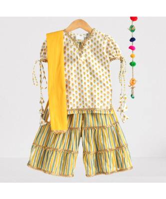 Floral Kurti with a striped triple layered sharara and a yellow dupatta 3