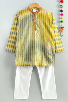 yellow striped kurta with a white pajama