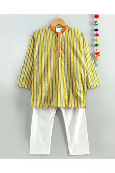 yellow striped kurta with a white pajama