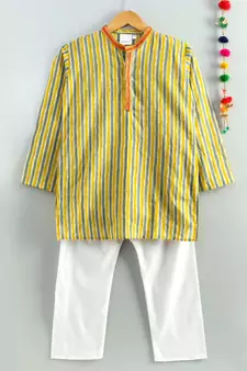 yellow striped kurta with a white pajama