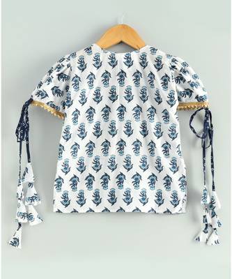 white printed kurti with a triple layered bandhini sharara and a blue dupatta 5