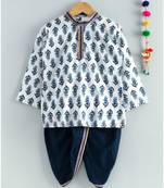 white printed kurta with blue dhoti