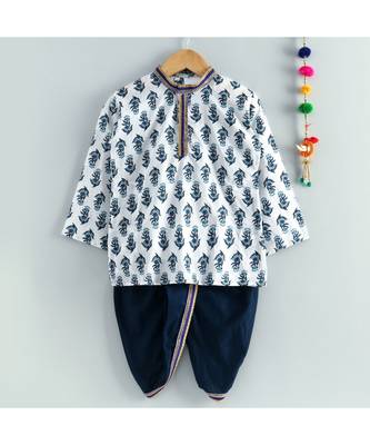 white printed kurta with blue dhoti 2