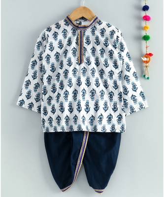 white printed kurta with blue dhoti 3