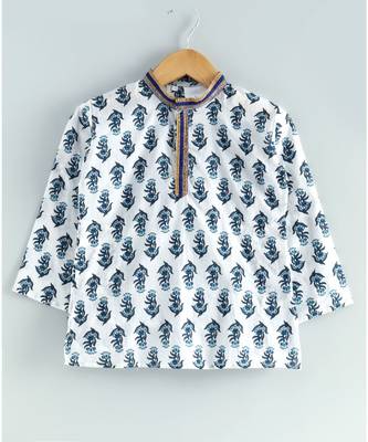 white printed kurta with blue dhoti 4