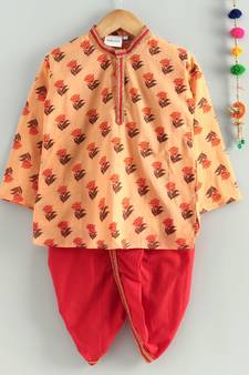 Peach kurta with Red dhoti