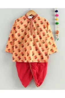 Peach kurta with Red dhoti