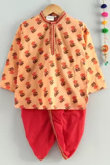 Peach kurta with Red dhoti