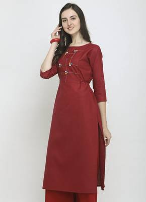 Maroon Embroidered Cotton Straight Kurti 1