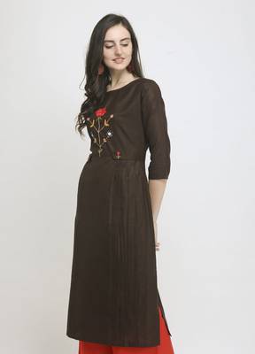 Brown Embroidered Cotton Straight Kurti 1
