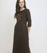 Brown Embroidered Cotton Straight Kurti