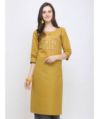 Mustard Embroidered Cotton Straight Kurti 1