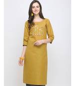 Mustard Embroidered Cotton Straight Kurti
