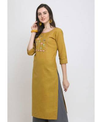 Mustard Embroidered Cotton Straight Kurti 2