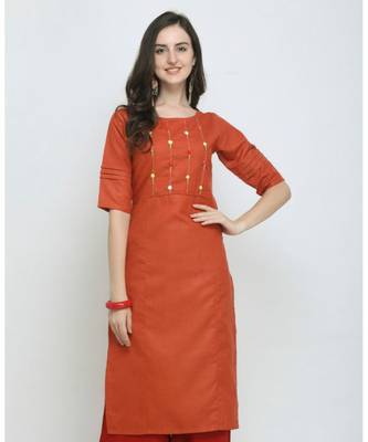 Orange Embroidered Cotton Straight Kurti 1