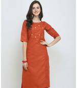 Orange Embroidered Cotton Straight Kurti