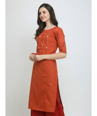Orange Embroidered Cotton Straight Kurti 2