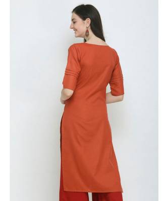Orange Embroidered Cotton Straight Kurti 3