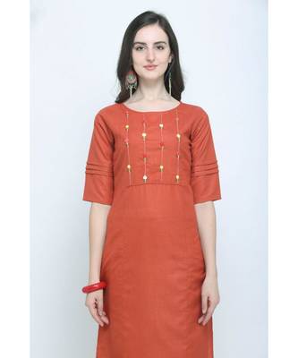 Orange Embroidered Cotton Straight Kurti 4