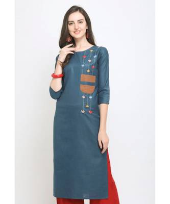 Blue Embroidered Cotton Straight Kurti 1
