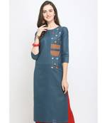 Blue Embroidered Cotton Straight Kurti