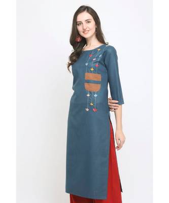 Blue Embroidered Cotton Straight Kurti 2