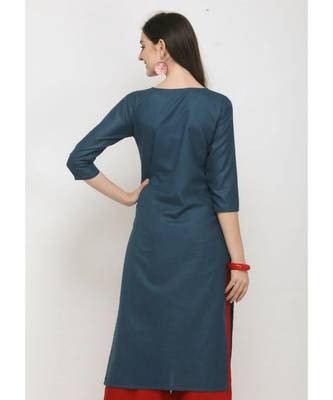 Blue Embroidered Cotton Straight Kurti 3