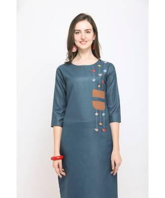 Blue Embroidered Cotton Straight Kurti 4