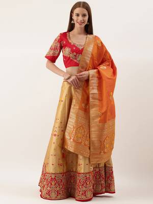 Red & Copper Silk Embroidered Semi- Stitched lehenga & Unstitched Blouse with dupatta 1