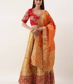 Red & Copper Silk Embroidered Semi- Stitched lehenga & Unstitched Blouse with dupatta