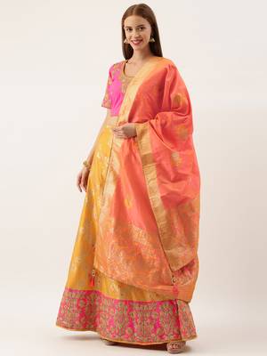 Red & Orange Silk Embroidered Semi- Stitched lehenga & Unstitched Blouse With Dupatta 1