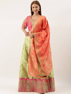 Pink & Olive Green Silk Embroidered Semi- Stitched lehenga & Unstitched Blouse With Dupatta 1