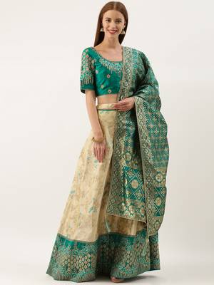 Tel Green & Beige Silk Embroidered Semi- Stitched lehenga  & Unstitched Blouse With Dupatta 1