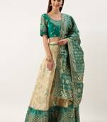 Tel Green & Beige Silk Embroidered Semi- Stitched lehenga  & Unstitched Blouse With Dupatta