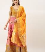 Mustard & Peach Silk Embroidered Semi- Stitched lehenga & Unstitched Blouse With Dupatta