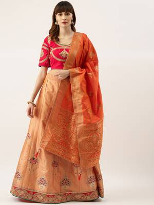 Red & Copper Silk Embroidered Semi- Stitched lehenga & Unstitched Blouse with dupatta 1