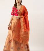 Red & Copper Silk Embroidered Semi- Stitched lehenga & Unstitched Blouse with dupatta