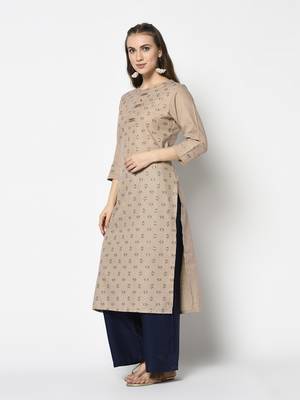 Beige Cotton Straight kurti 3