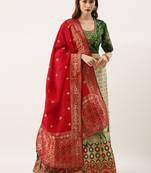 Green & White color Silk Embroidered Semi-Stitched Lehenga & Unstitched Blouse With Dupatta