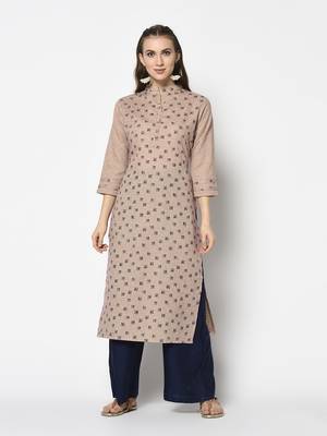 Beige Cotton Straight kurti 1