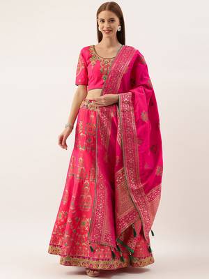 Pink color Silk Embroidered Semi-Stitched Lehenga & Unstitched Blouse With Dupatta 1