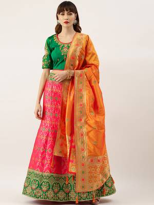 Green & Red color Silk Embroidered Semi-Stitched Lehenga & Unstitched Blouse With Dupatta 1