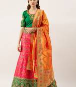 Green & Red color Silk Embroidered Semi-Stitched Lehenga & Unstitched Blouse With Dupatta