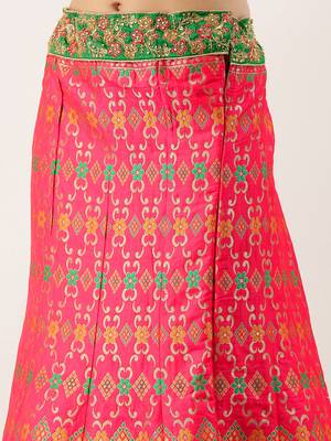 Green & Red color Silk Embroidered Semi-Stitched Lehenga & Unstitched Blouse With Dupatta 2