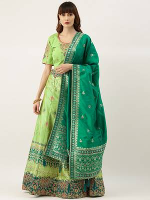 Green color Silk Embroidered Semi-Stitched Lehenga & Unstitched Blouse with Dupatta 1
