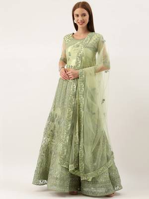Green color Net Embroidered Semi-Stitched Lehenga & Unstitched Blouse With Dupatta 1