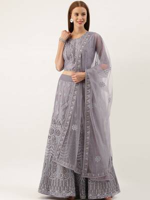 Grey color Net Embroidered Semi-Stitched Lehenga & Unstitched Blouse With Dupatta 1