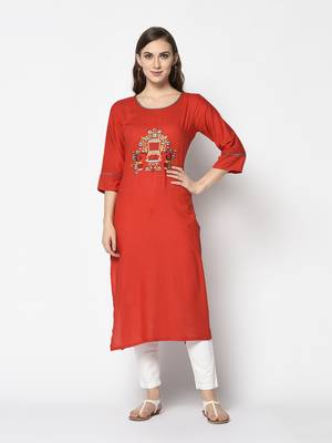 Red Cotton Straight kurti 1