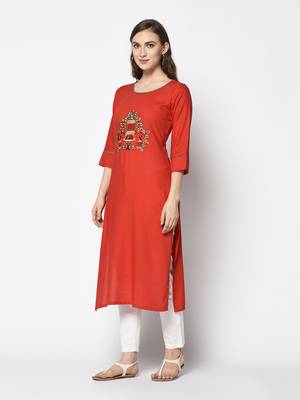Red Cotton Straight kurti 3
