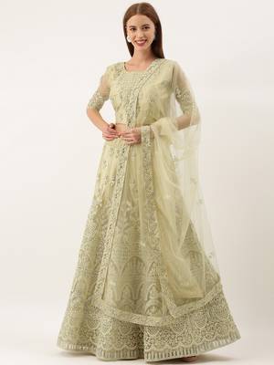 Olive Green color Net Embroidered Semi-Stitched Lehenga & Unstitched Blouse With Dupatta 1